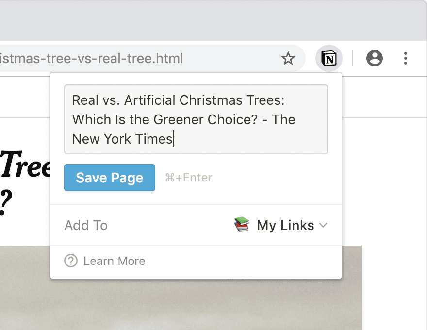 螢幕截圖,網頁擷取器將網頁儲存至 Notion