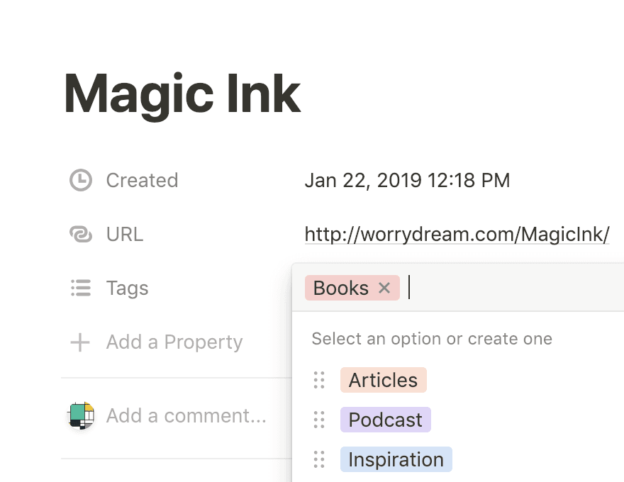 截圖顯示 Notion 資料庫中標記的彈出視窗