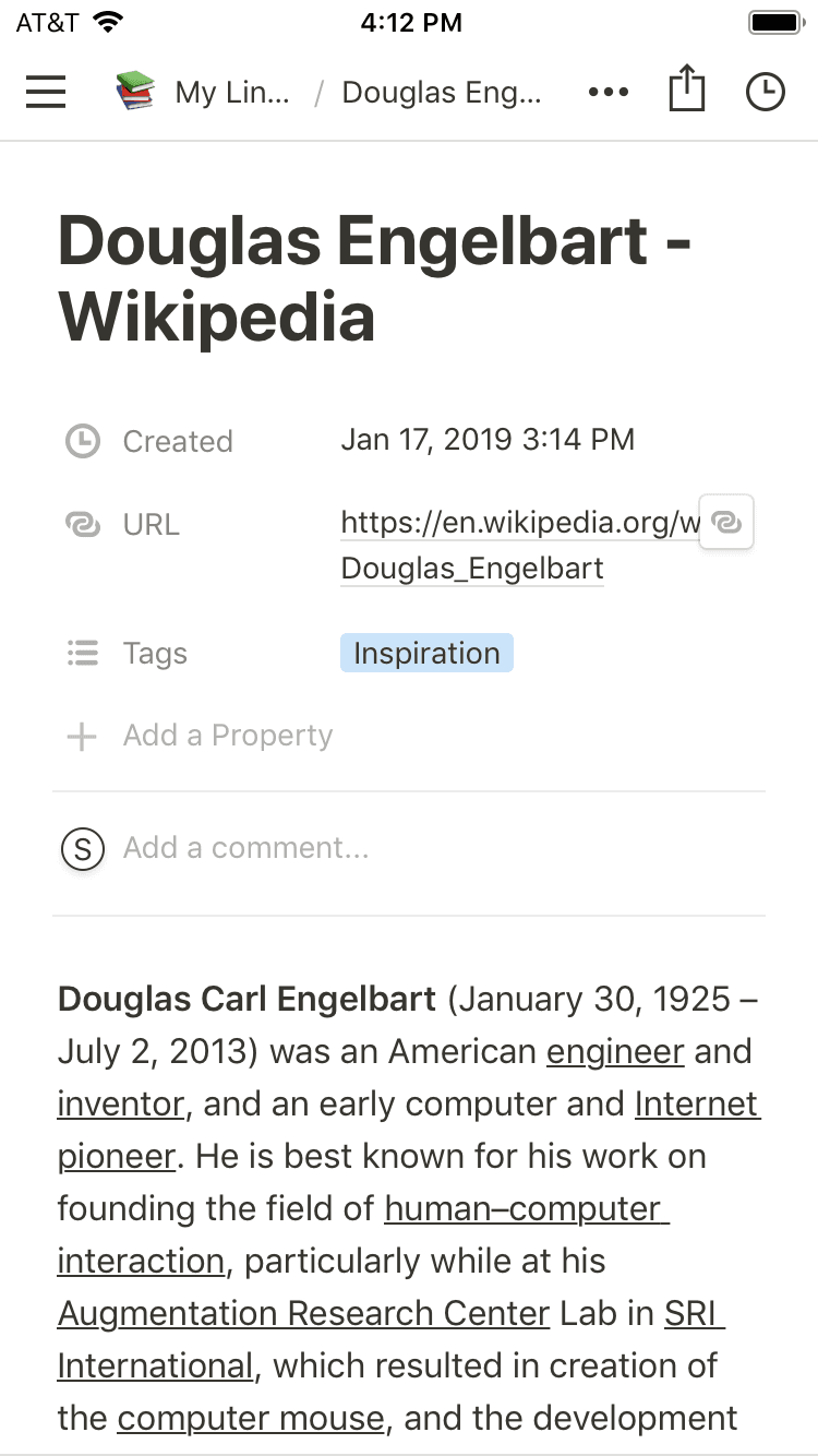 螢幕截圖,分享至 Notion 文件且包含屬性的連結