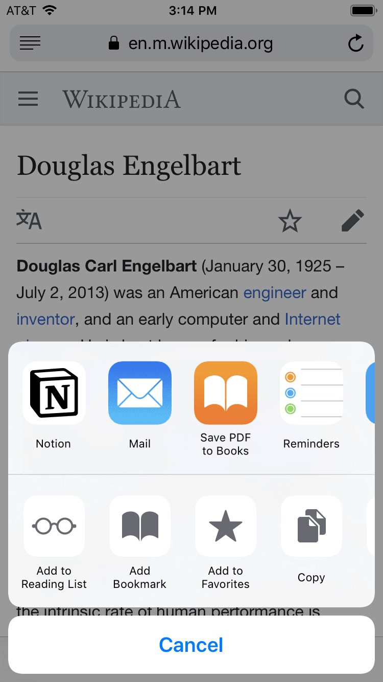 螢幕截圖,iOS 分享選單,其中顯示要把連結儲存到 Notion,以及其他應用程式