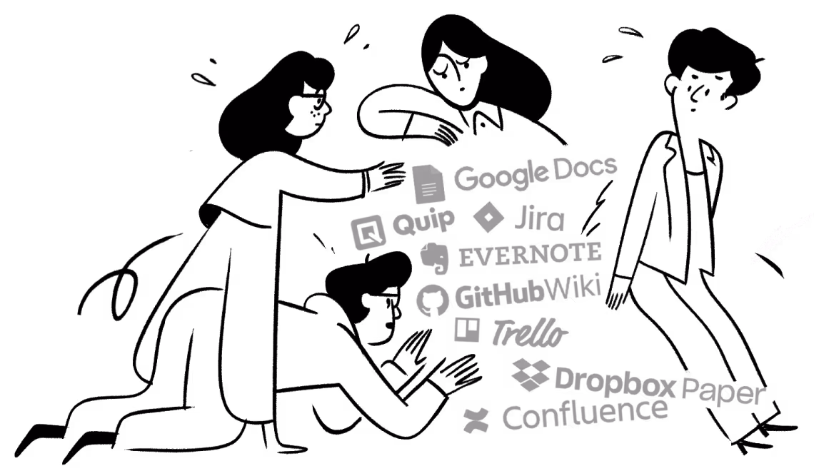 A team fighting back against the chaos of multiple tools from competing tools like confluence