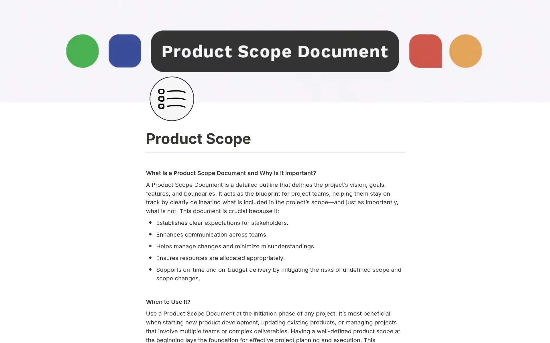 A product scope document in Notion that shows information on when to use this template and why it’s important