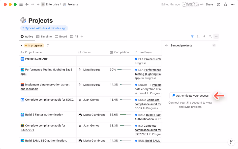 Click on “Authenticate your access” to verify your identity to bring over Jira projects to Notion