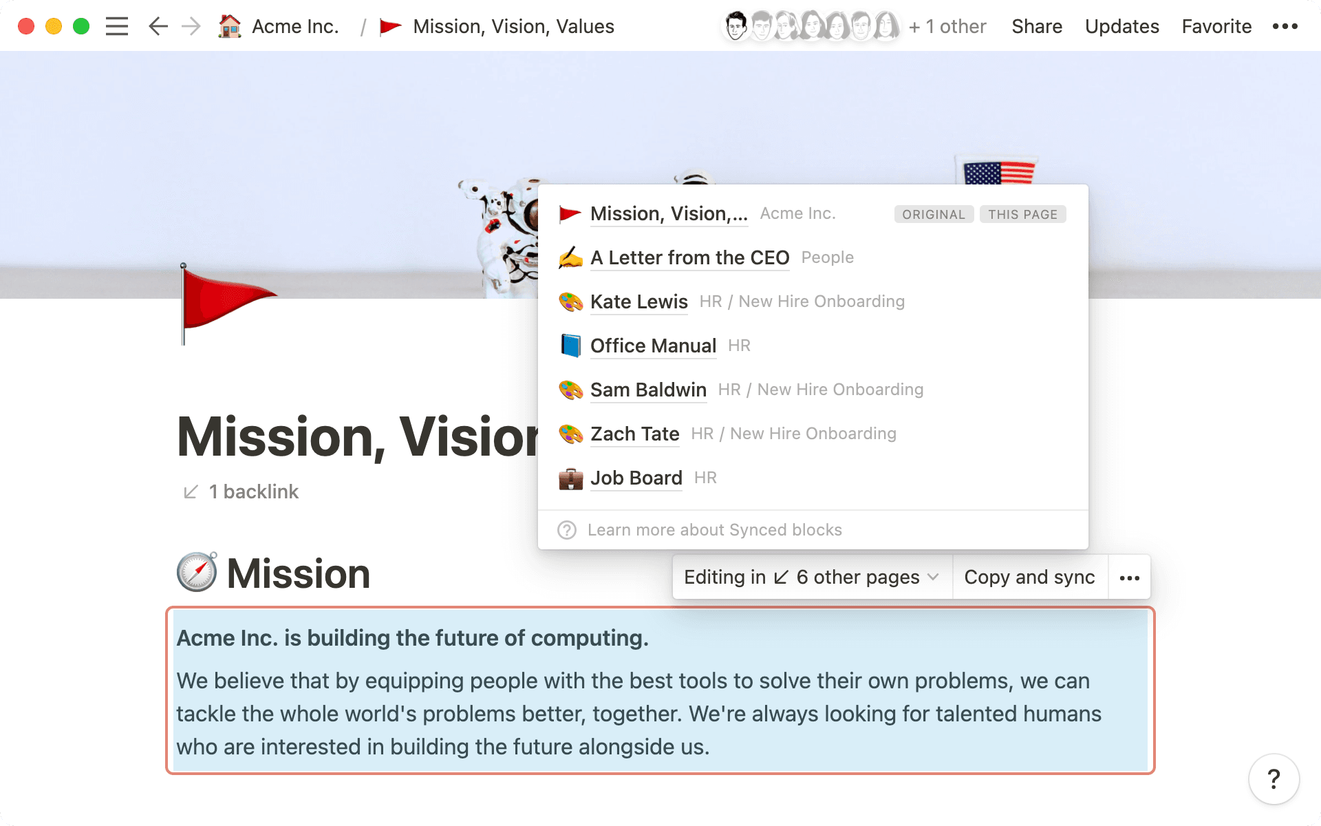 How Synced Blocks shows the path back to the original block.